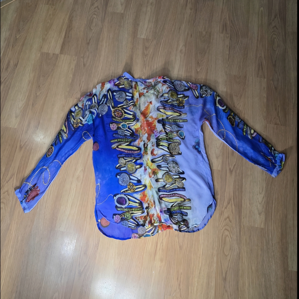 Vibrant Yellow and Blue Long Sleeve Graphic Button Down